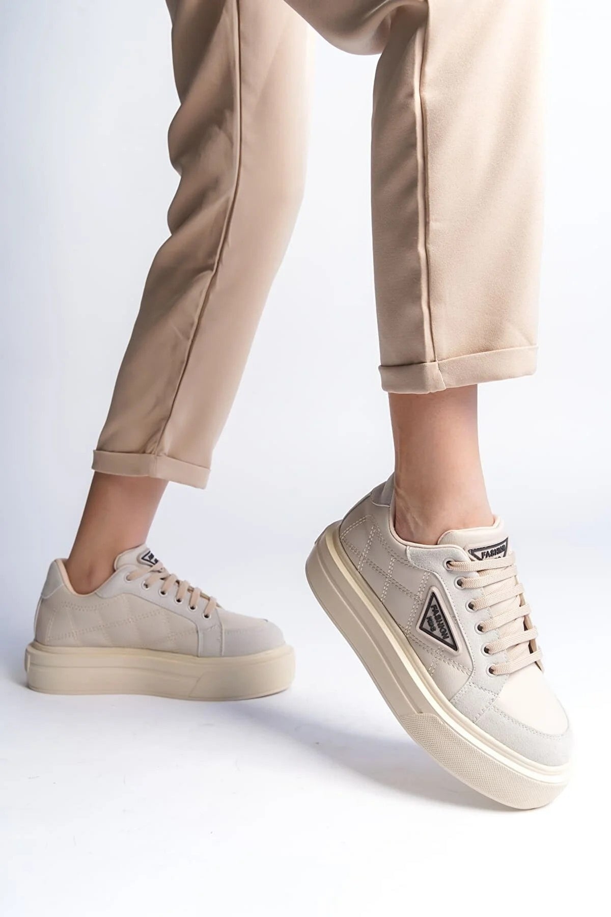 Women's Julya Beige Leather Laced Sports Shoes - STREETMODE ™
