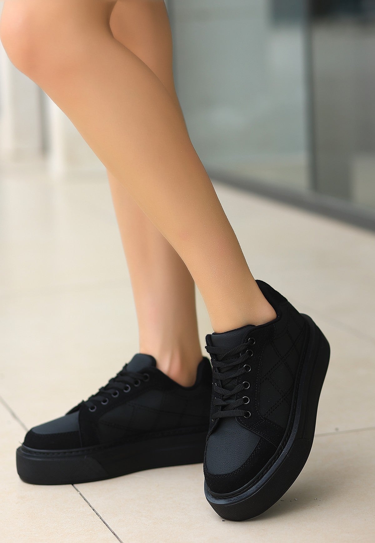 Women's Black Leather Suede Detailed Lace-Up Sports Shoes