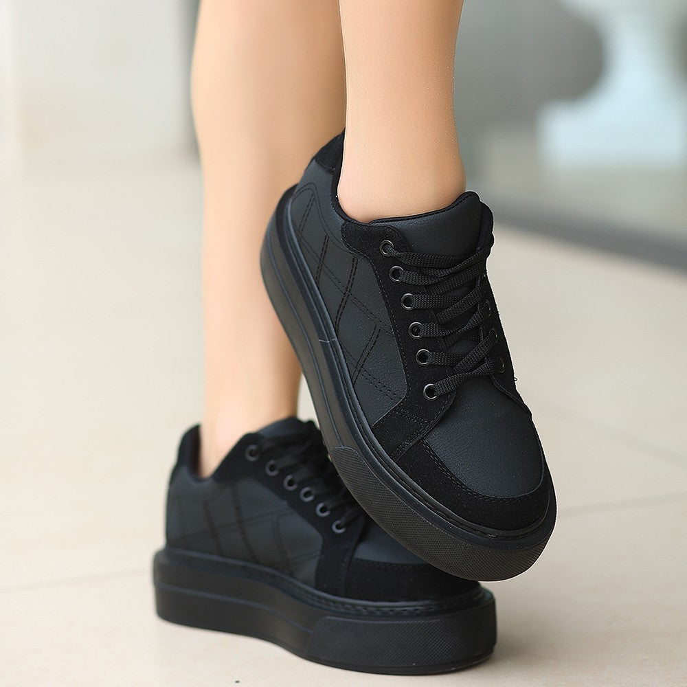 Women's Black Leather Suede Detailed Lace-Up Sports Shoes - STREETMODE ™