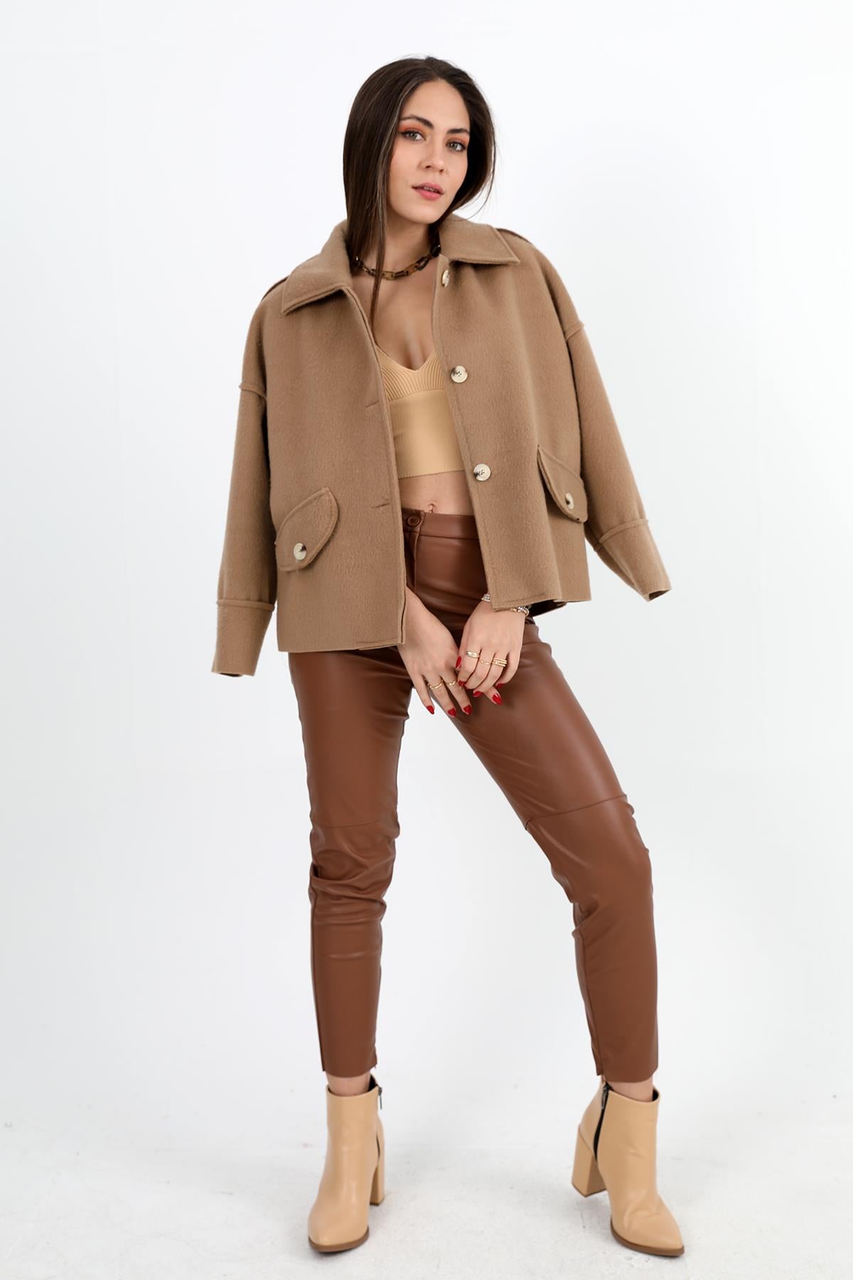 Women's Coat with Pocket Flap Button-Up Short - Camel - STREETMODE ™