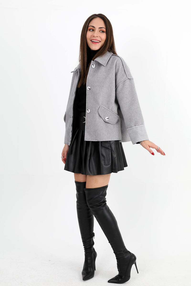 Women's Coat with Pocket Flap Button-Up Short - Gray - STREETMODE ™