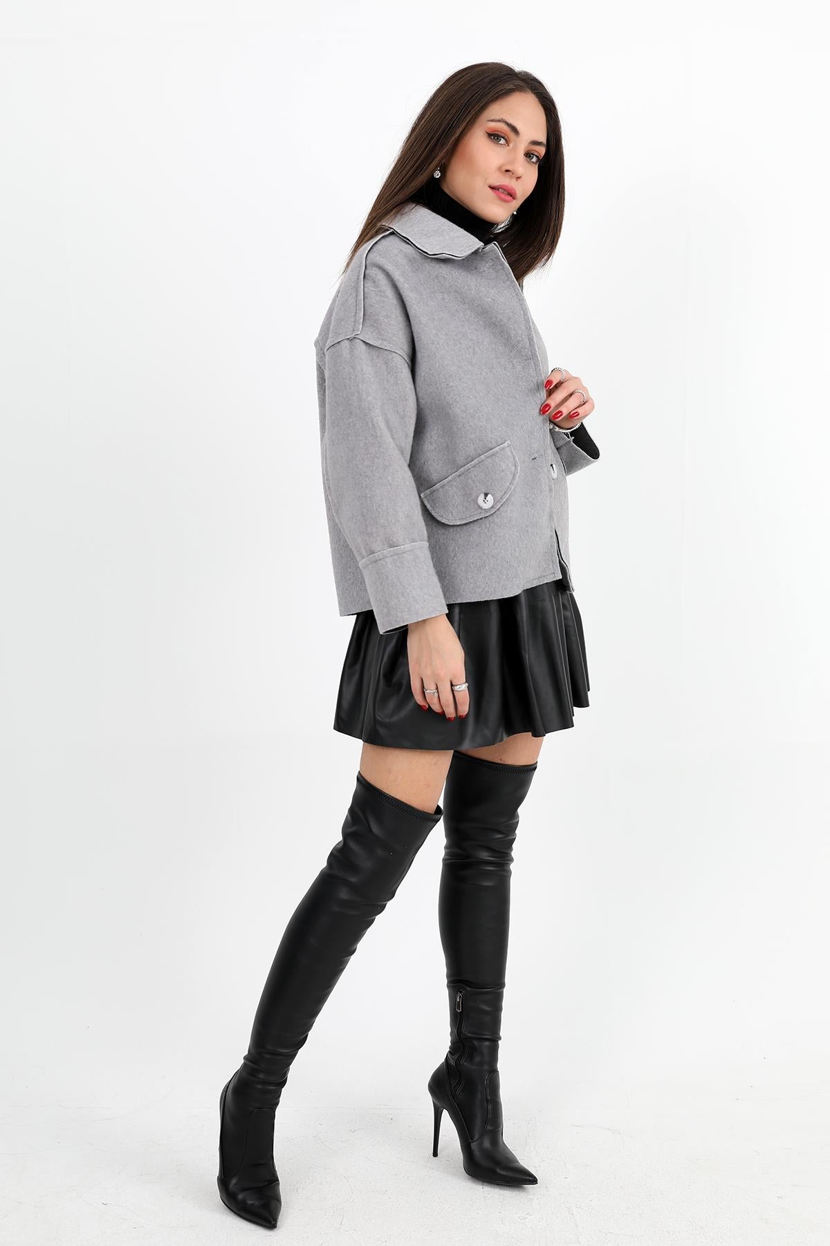 Women's Coat with Pocket Flap Button-Up Short - Gray - STREETMODE ™