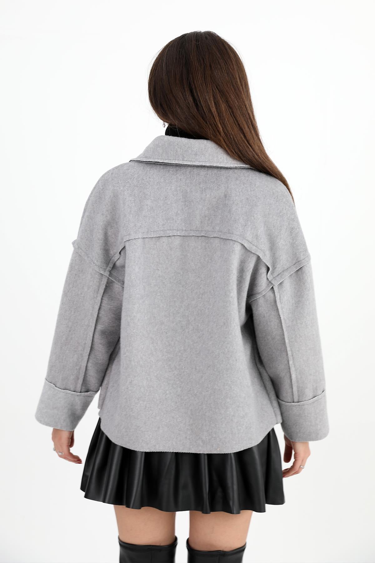 Women's Coat with Pocket Flap Button-Up Short - Gray - STREETMODE ™