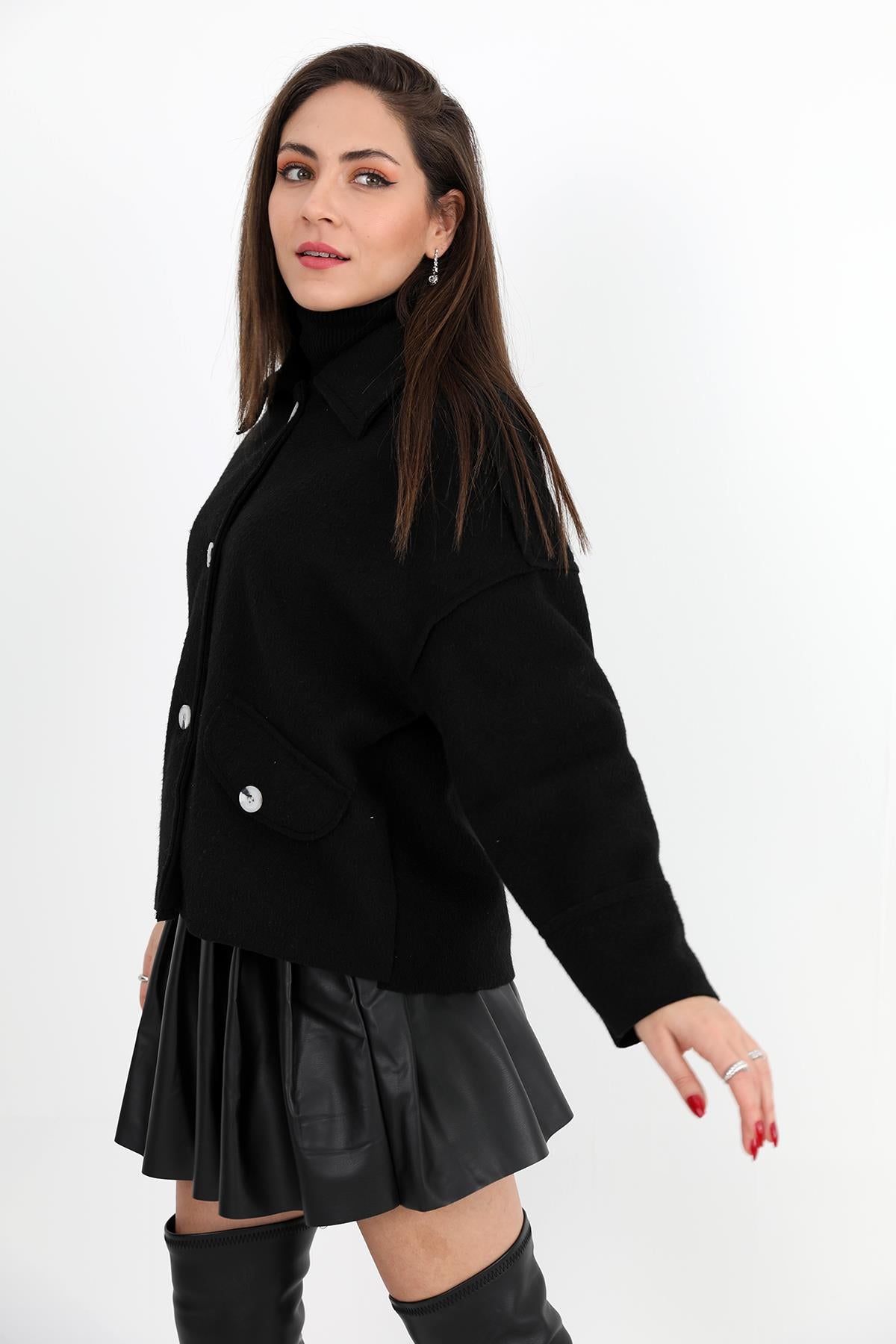 Women's Coat with Pocket Cover Buttons Short Stash - Black - STREETMODE ™