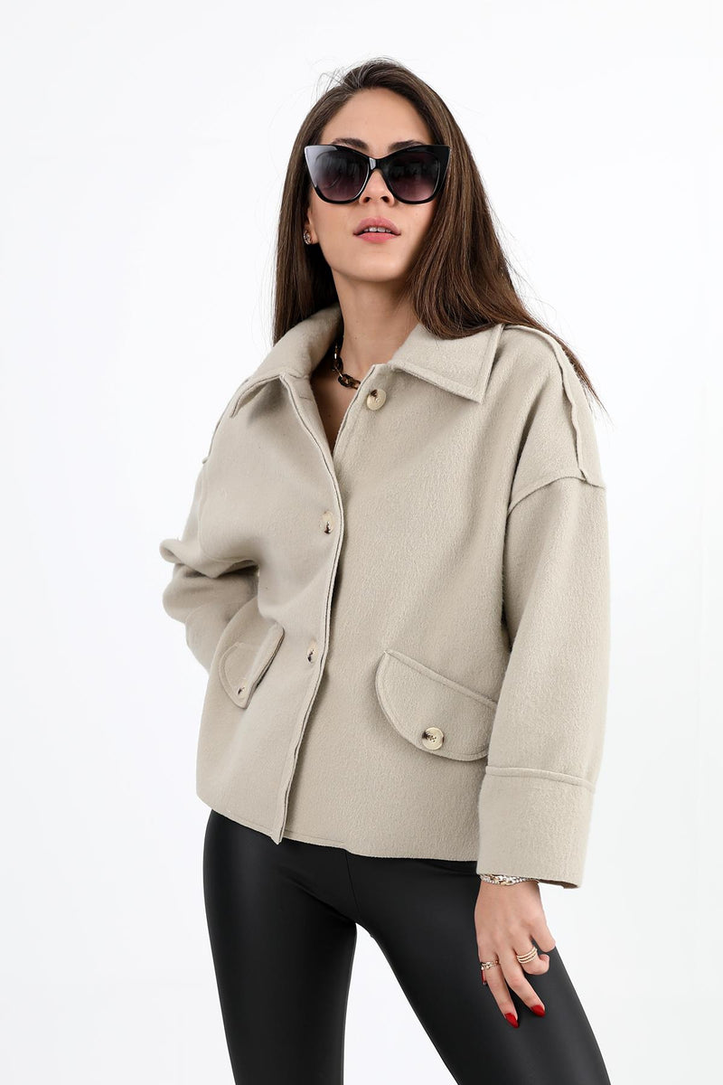 Women's Coat with Pocket Cover Buttons Short Stash - Stone - STREETMODE ™