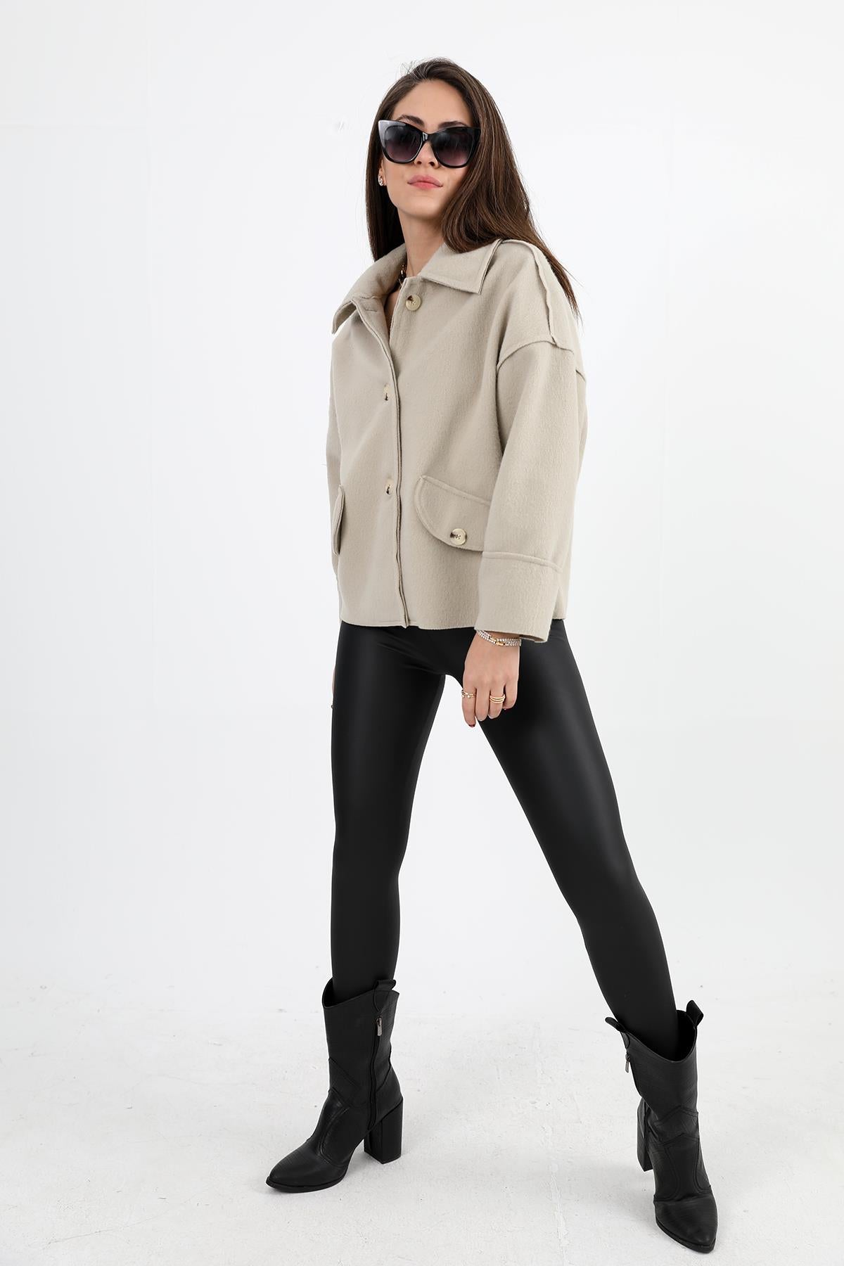 Women's Coat with Pocket Cover Buttons Short Stash - Stone - STREETMODE ™