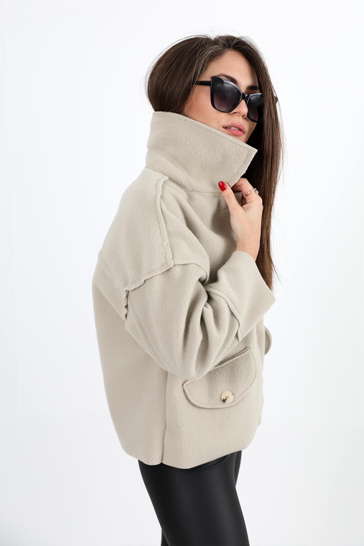 Women's Coat with Pocket Cover Buttons Short Stash - Stone - STREETMODE ™