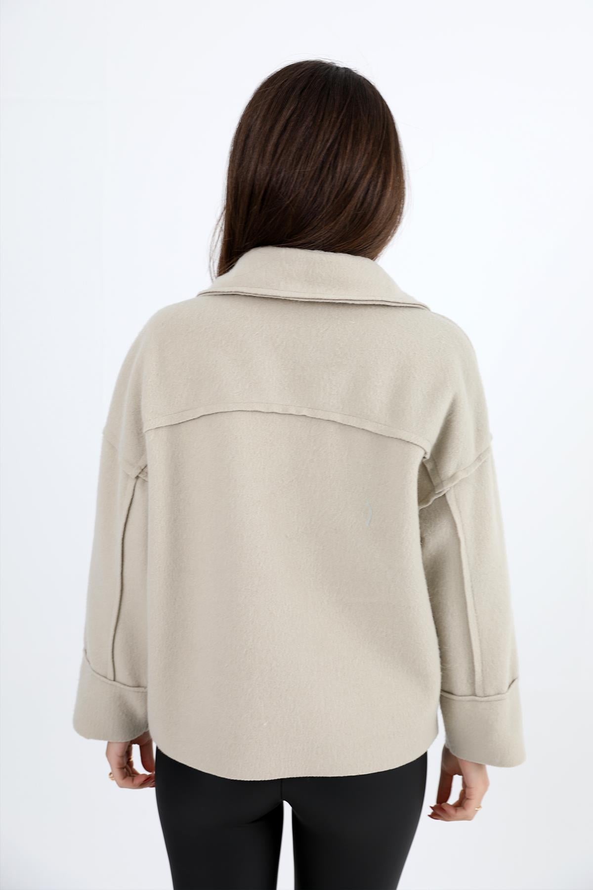 Women's Coat with Pocket Cover Buttons Short Stash - Stone - STREETMODE ™