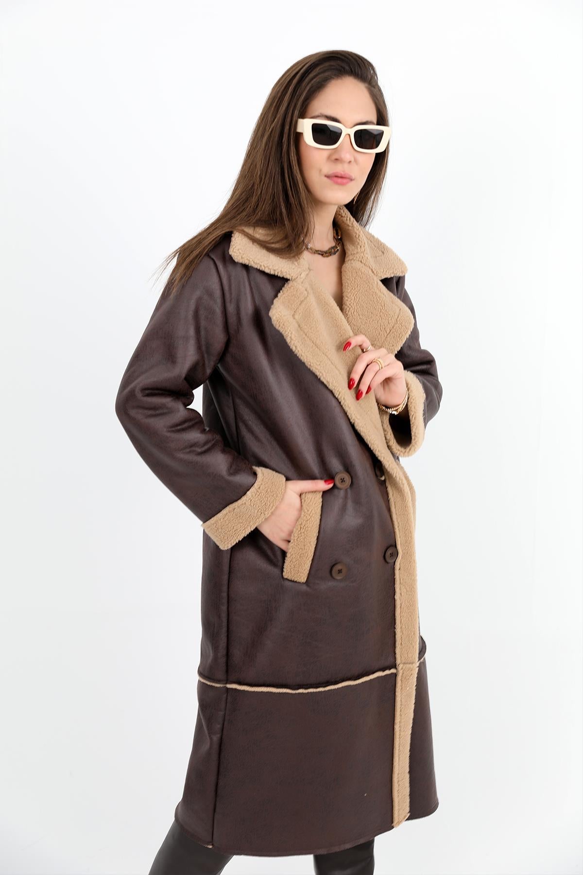Women's Coat Double Breasted Collar Inside Plush Pockets Suede Long - Brown - STREETMODE ™