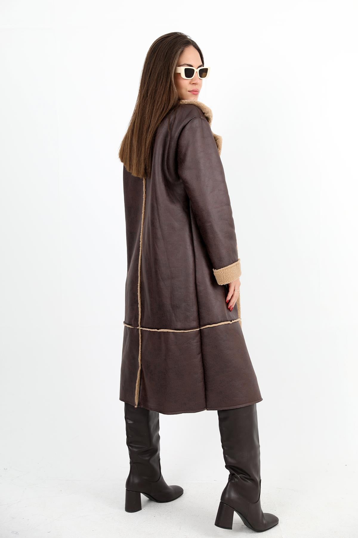 Women's Coat Double Breasted Collar Inside Plush Pockets Suede Long - Brown - STREETMODE ™