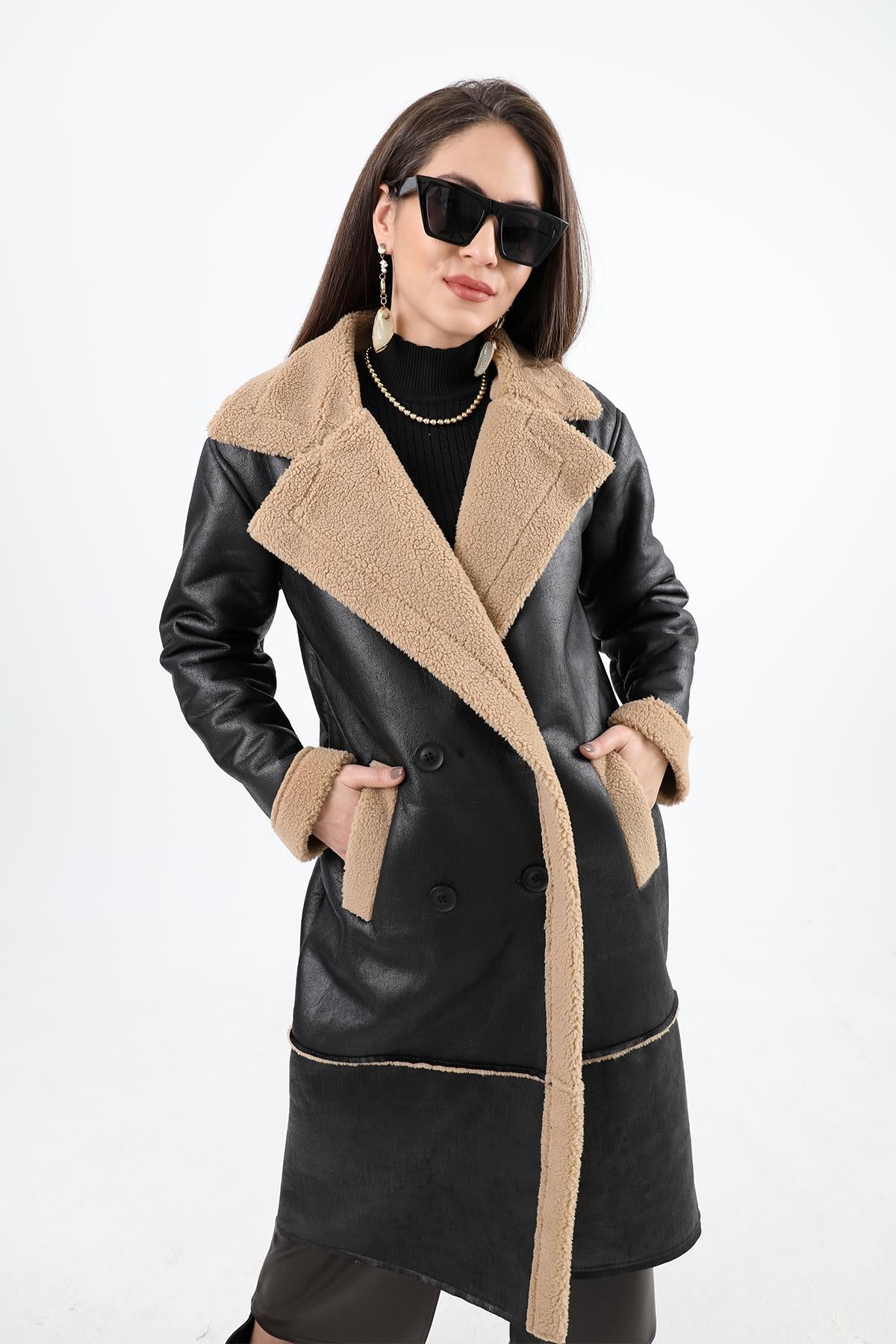 Women's Coat Double Breasted Collar Inside Plush Pocket Suede Long - Black-Camel - STREETMODE ™