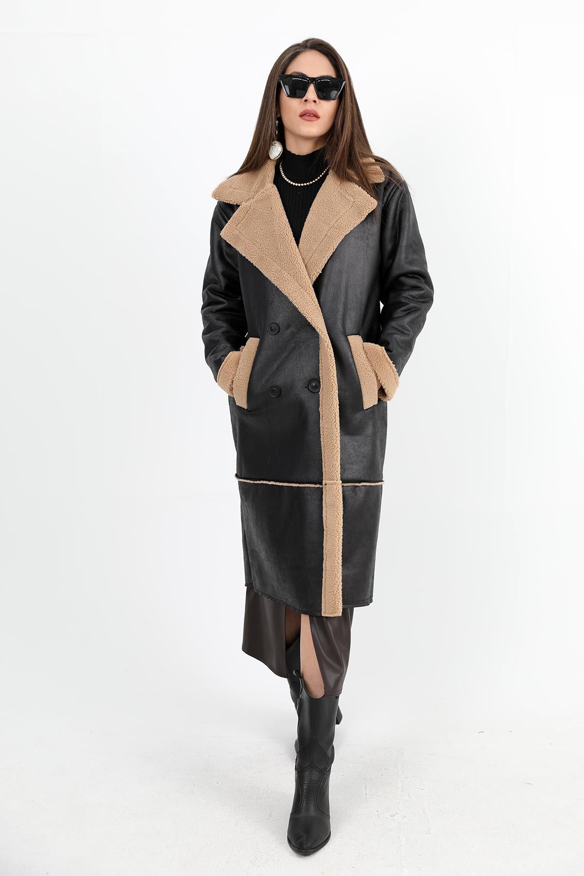 Women's Coat Double Breasted Collar Inside Plush Pocket Suede Long - Black-Camel - STREETMODE ™