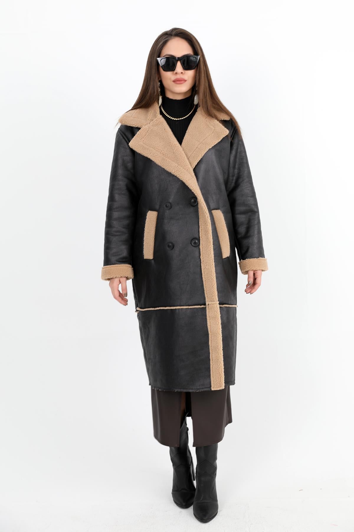 Women's Coat Double Breasted Collar Inside Plush Pocket Suede Long - Black-Camel - STREETMODE ™