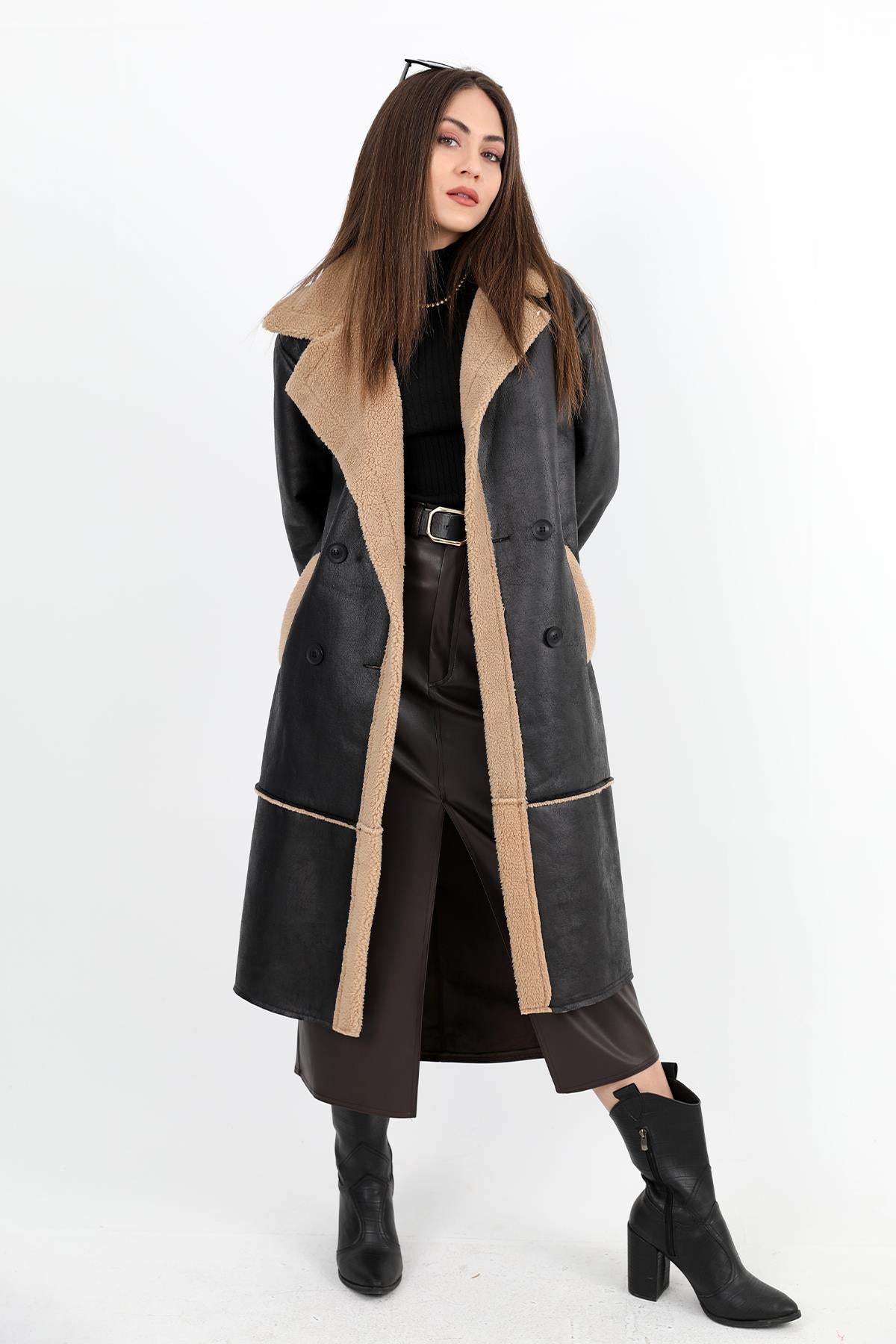 Women's Coat Double Breasted Collar Inside Plush Pocket Suede Long - Black-Camel - STREETMODE ™