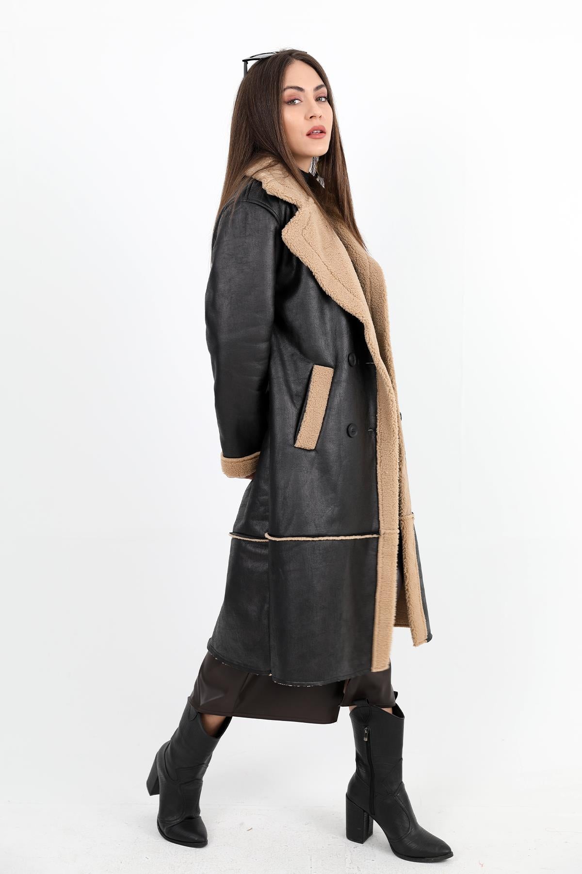 Women's Coat Double Breasted Collar Inside Plush Pocket Suede Long - Black-Camel - STREETMODE ™