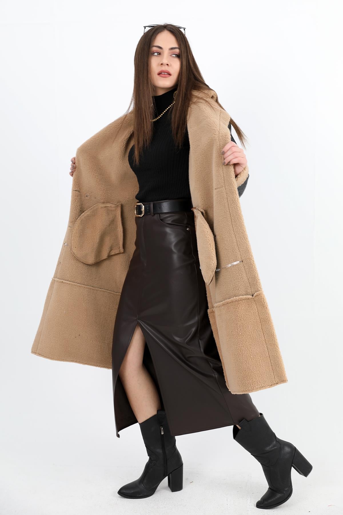 Women's Coat Double Breasted Collar Inside Plush Pocket Suede Long - Black-Camel - STREETMODE ™