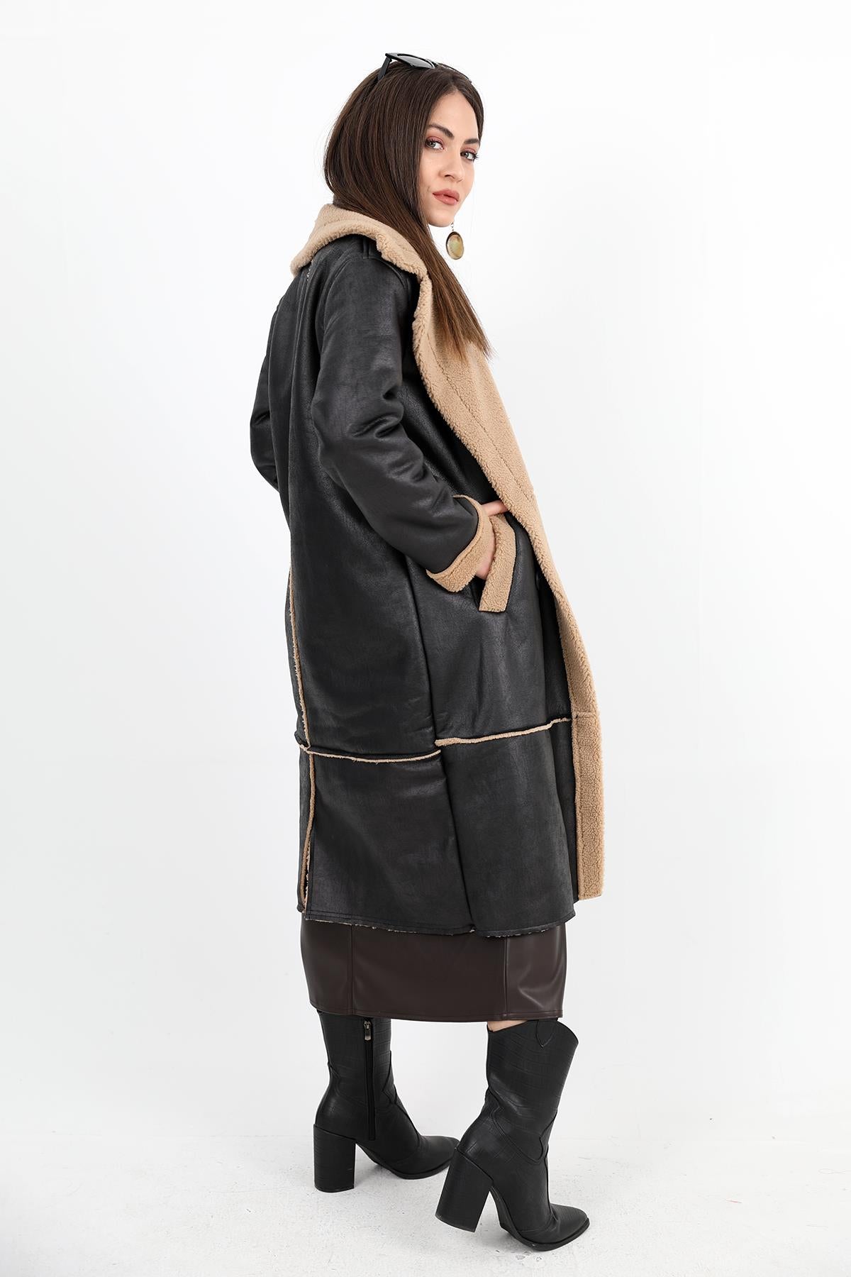 Women's Coat Double Breasted Collar Inside Plush Pocket Suede Long - Black-Camel - STREETMODE ™