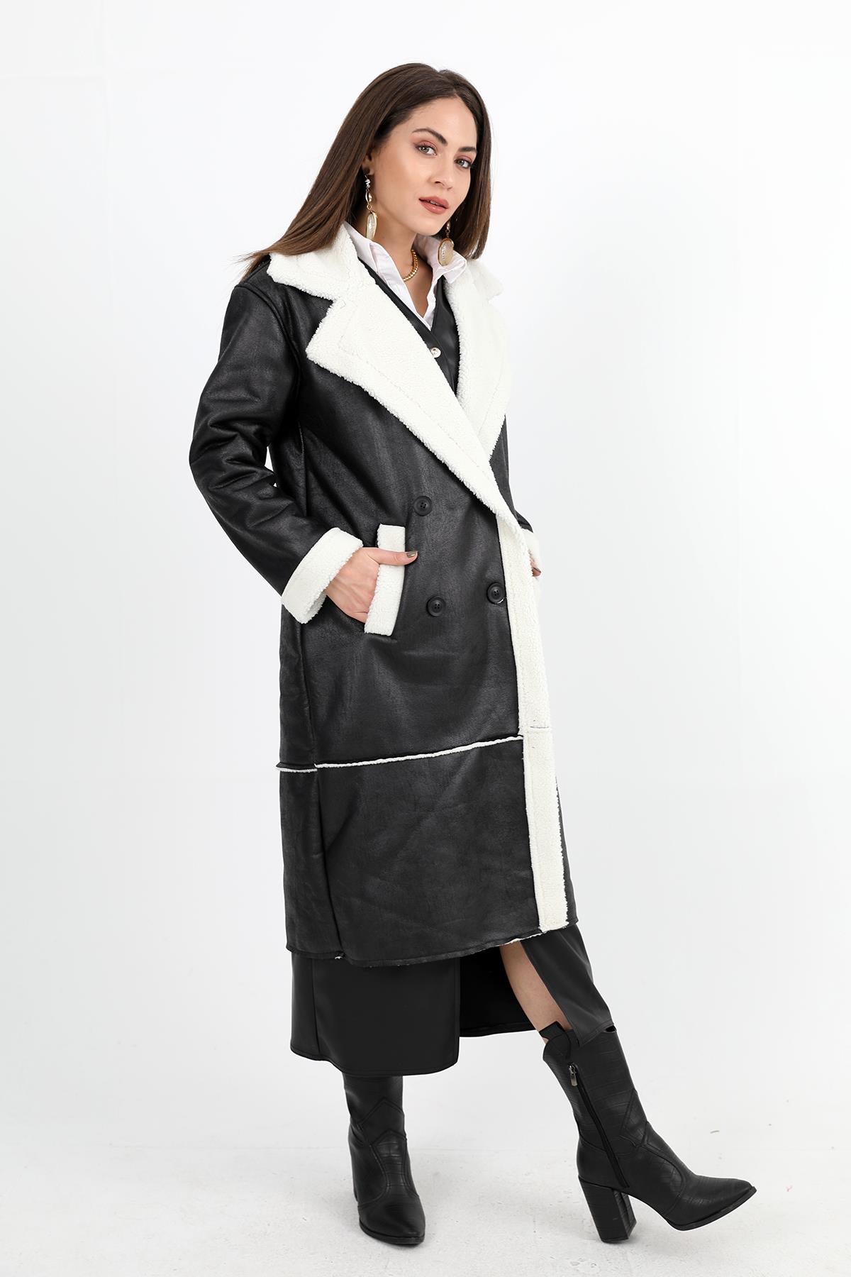 Women's Coat Double Breasted Collar Inside Plush Pockets Suede Long - Black-Ecru - STREETMODE ™