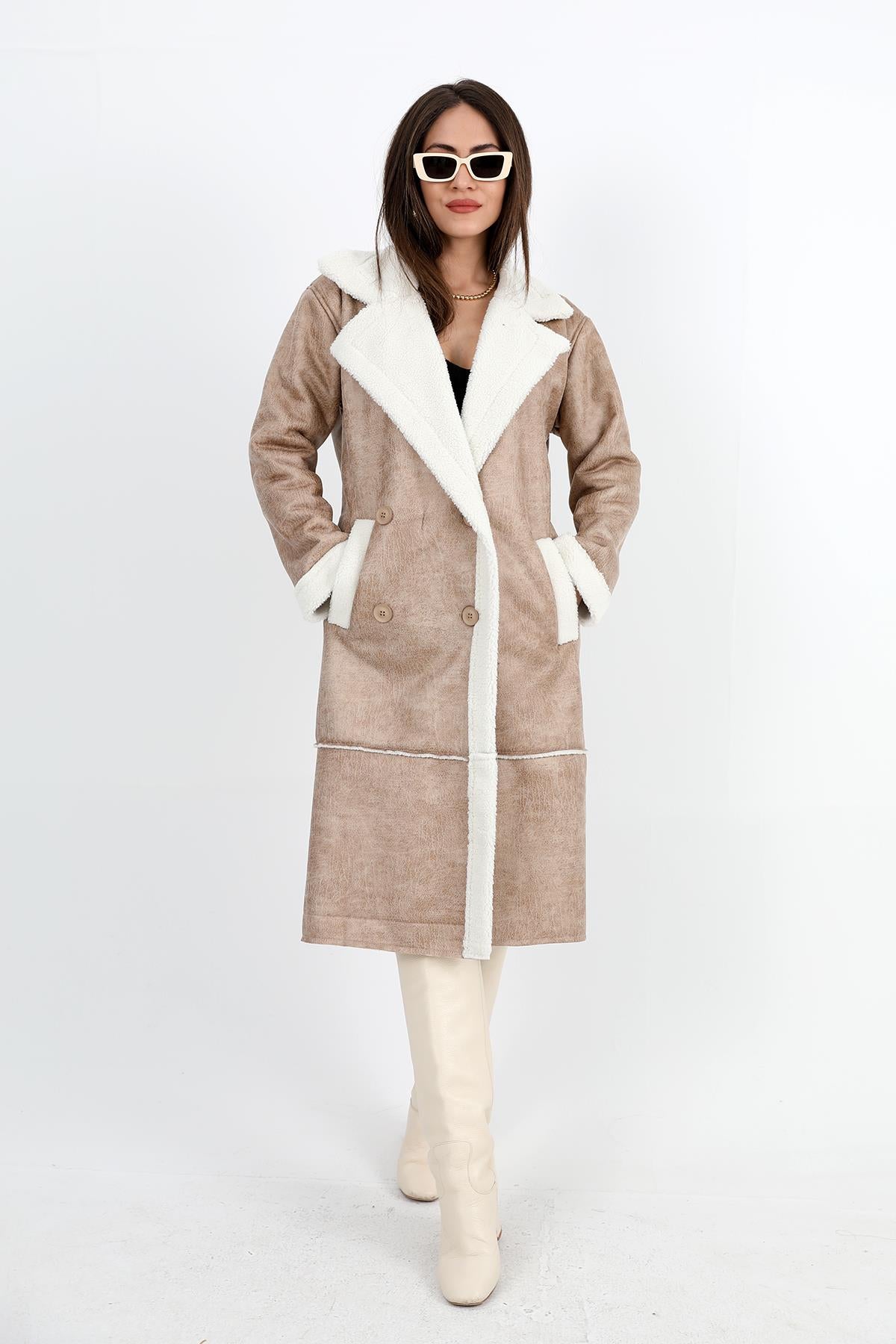 Women's Coat Double Breasted Collar Inside Plush Pockets Suede Long - Stone-Ecru - STREETMODE ™