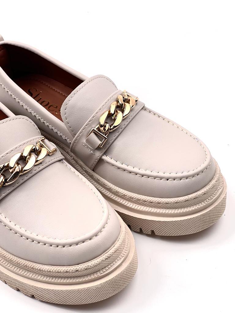 Women's Beige Moxy Skin Poly Orthopedic Comfort Sole Chain Oxford Moccasin High Sole Shoes