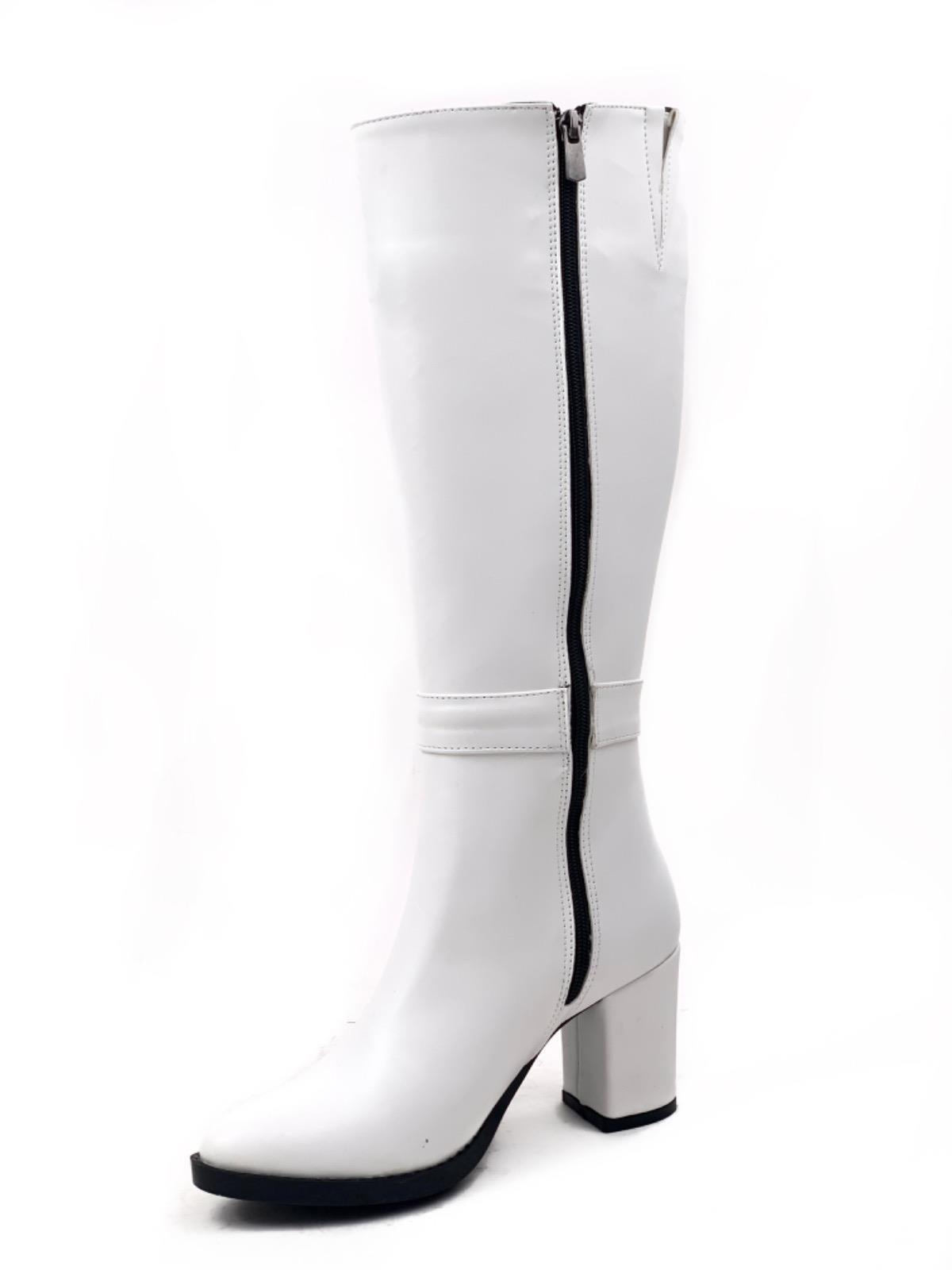 Women's White Parg Below Knee Buckled Leather Look Boots - STREETMODE ™