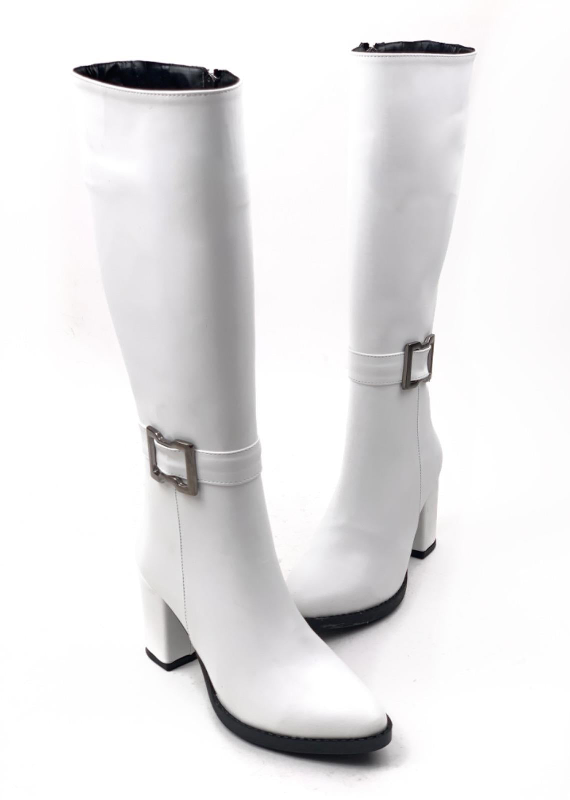 Women's White Parg Below Knee Buckled Leather Look Boots - STREETMODE ™