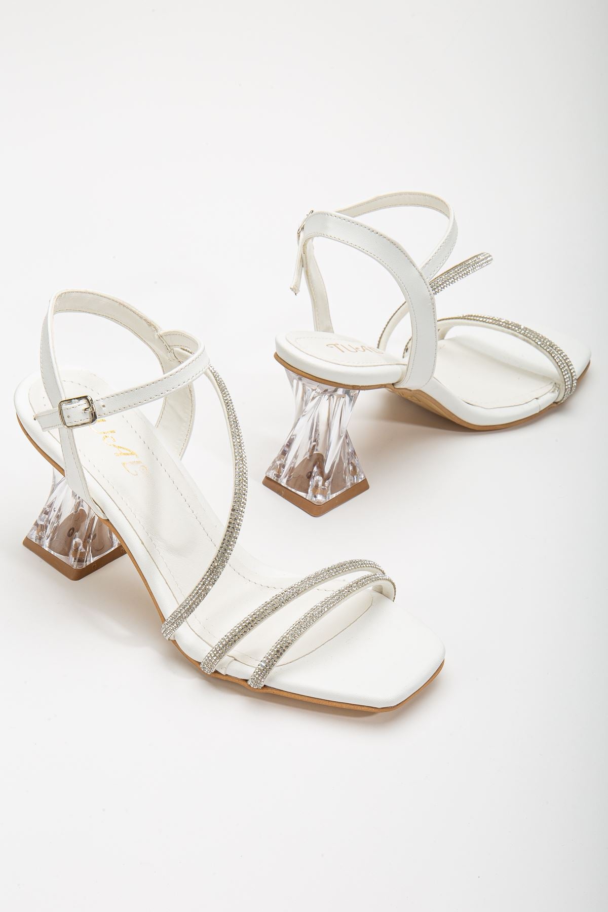 Women's White Stone Detailed Transparent Heeled Evening Dress Shoes