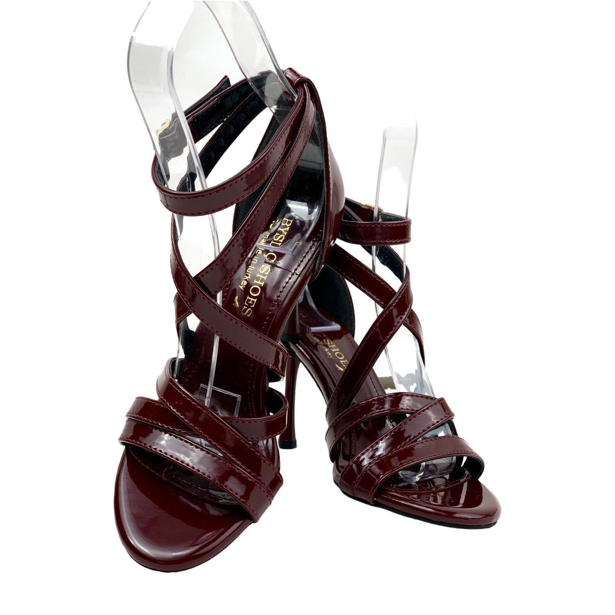 Women's Densa Burgundy Patent Leather Thin Heeled Tape Detailed Ankle Lacing Shoes 10cm - STREETMODE ™