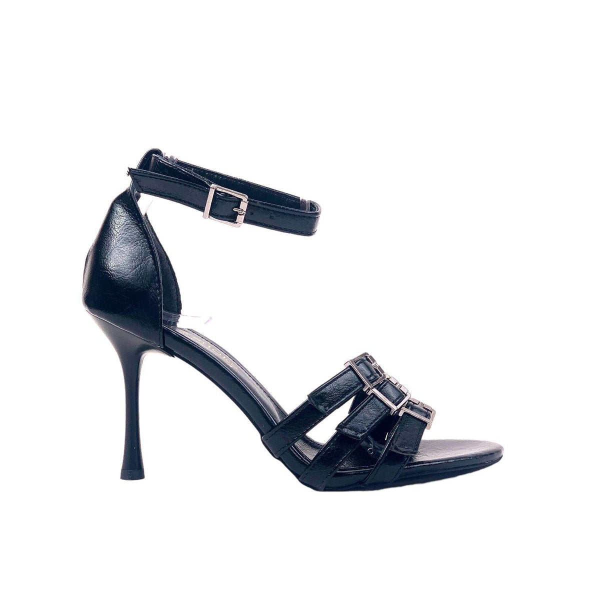 Women's Efya Black Wrinkled 3-Buckle Bany Ankle Lacing Evening Dress Shoes 9 Cm