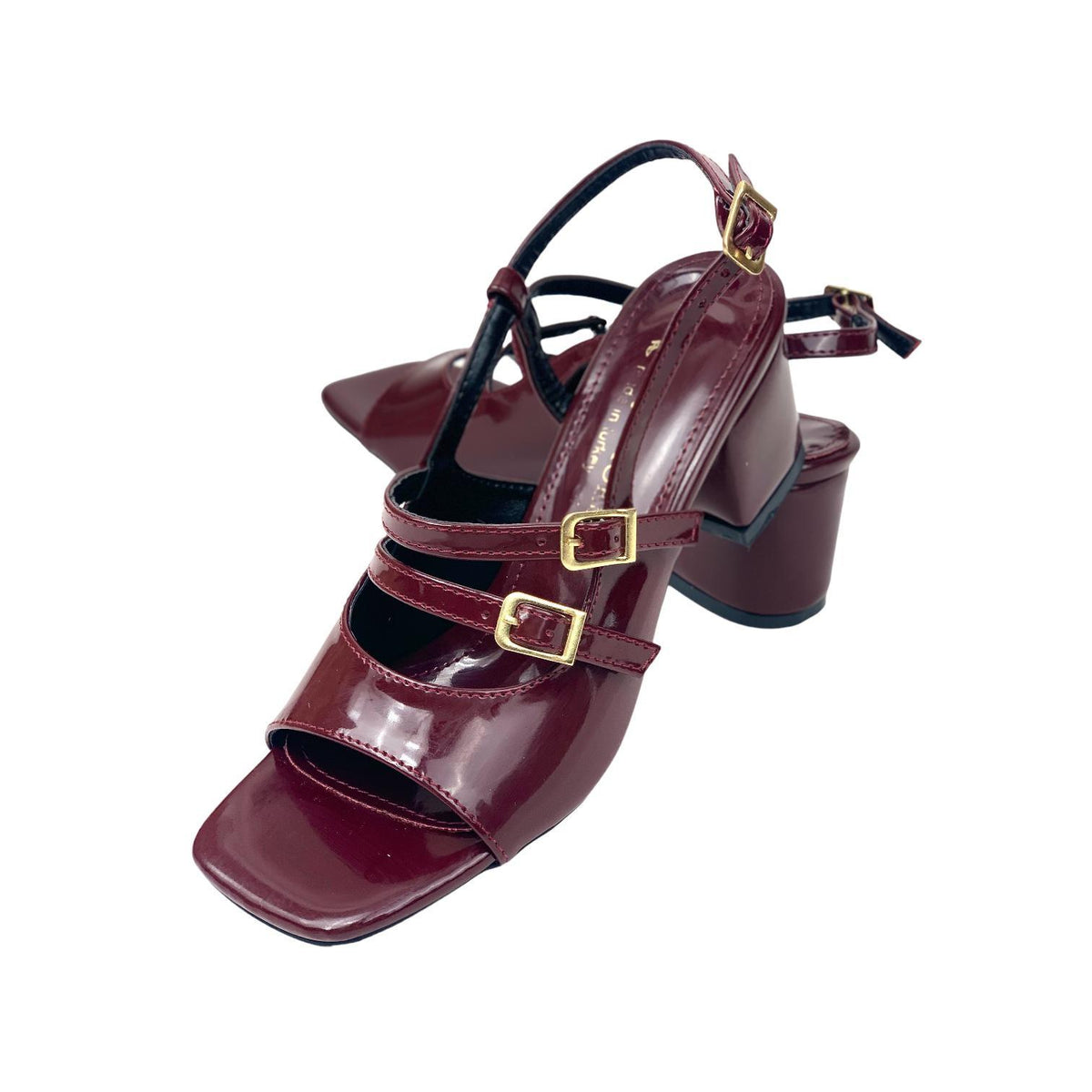 Women's Fonka Claret Red Patent Leather Low Heel Buckle Sandals 5 cm - STREETMODE ™