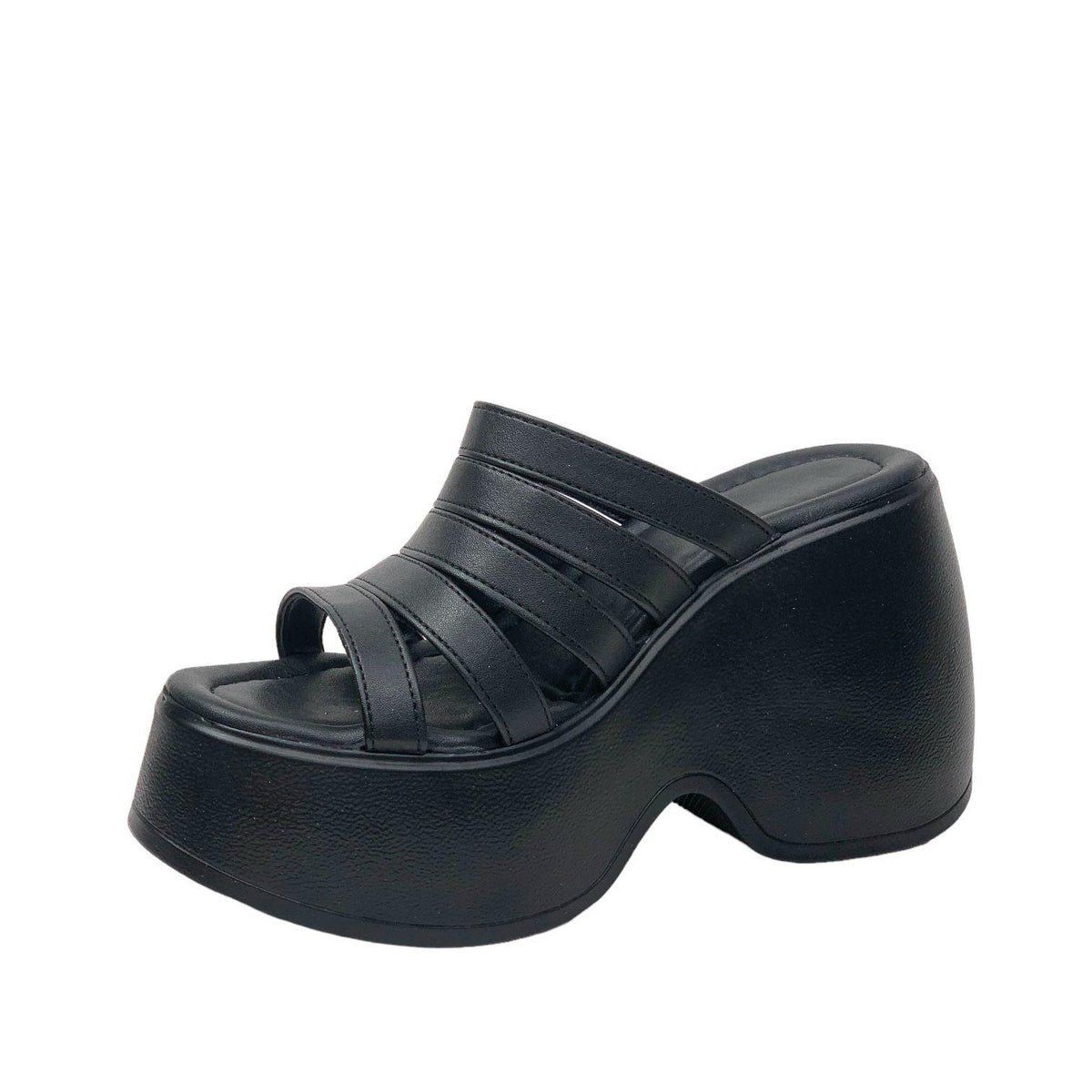 Women's Gehm Black Banded High Heel Platform Sandals 10 Cm DLG11