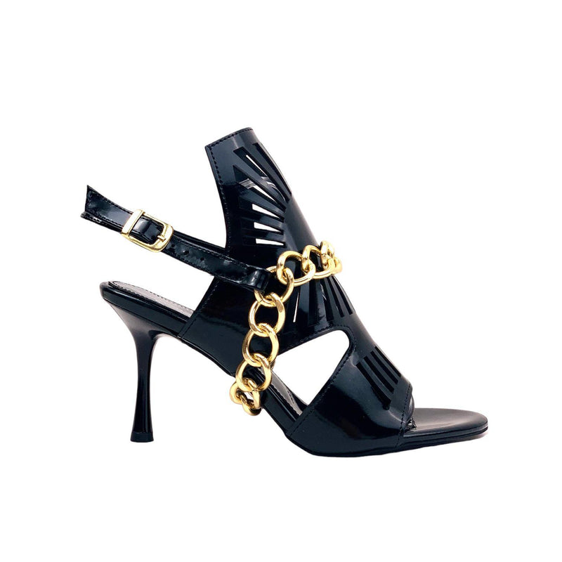 Women's Kokl Black Patent Leather Thin Heel Chain Detailed Evening Shoes - STREETMODE ™