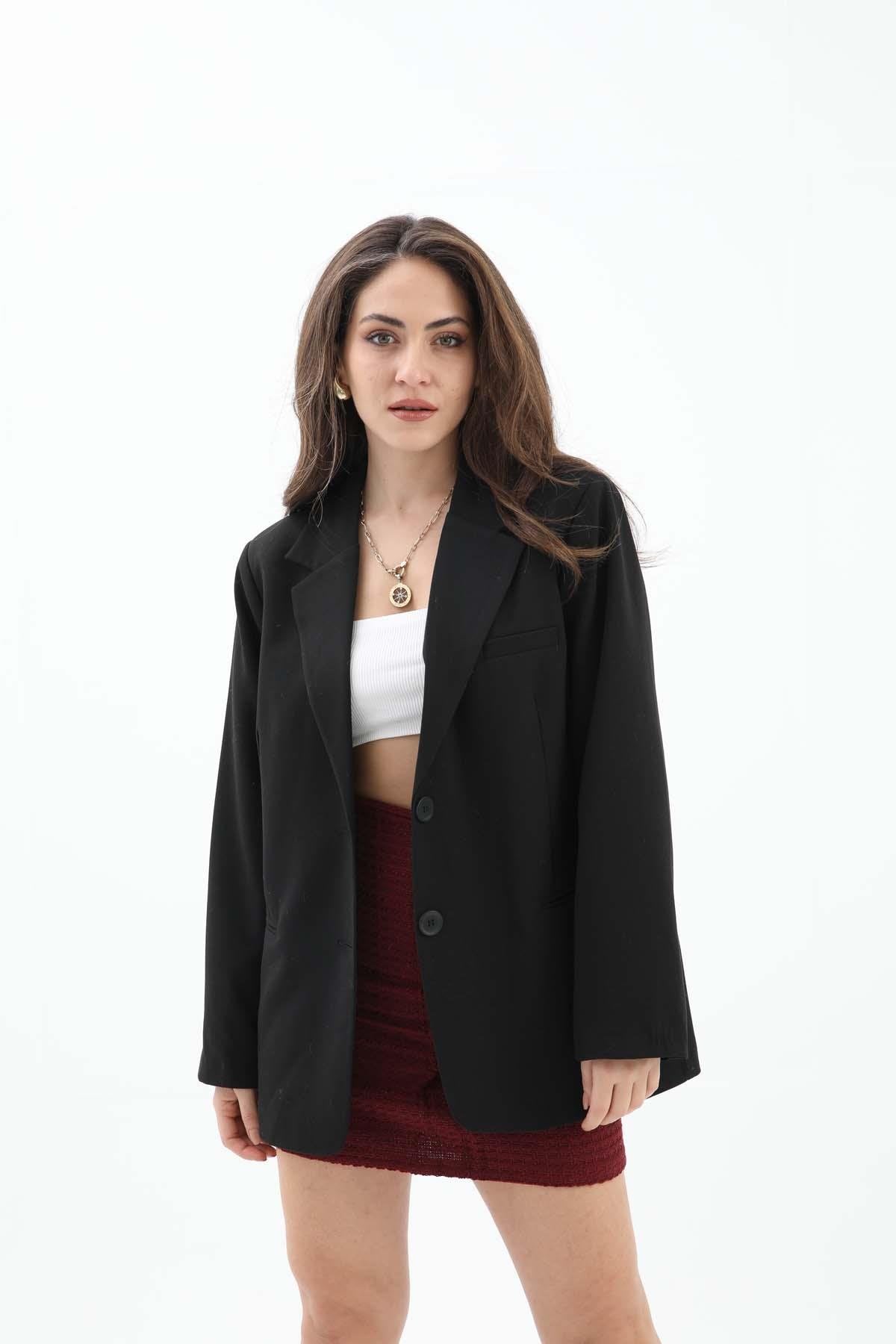 Women's Double Breasted Oversize Blazer Jacket - Black