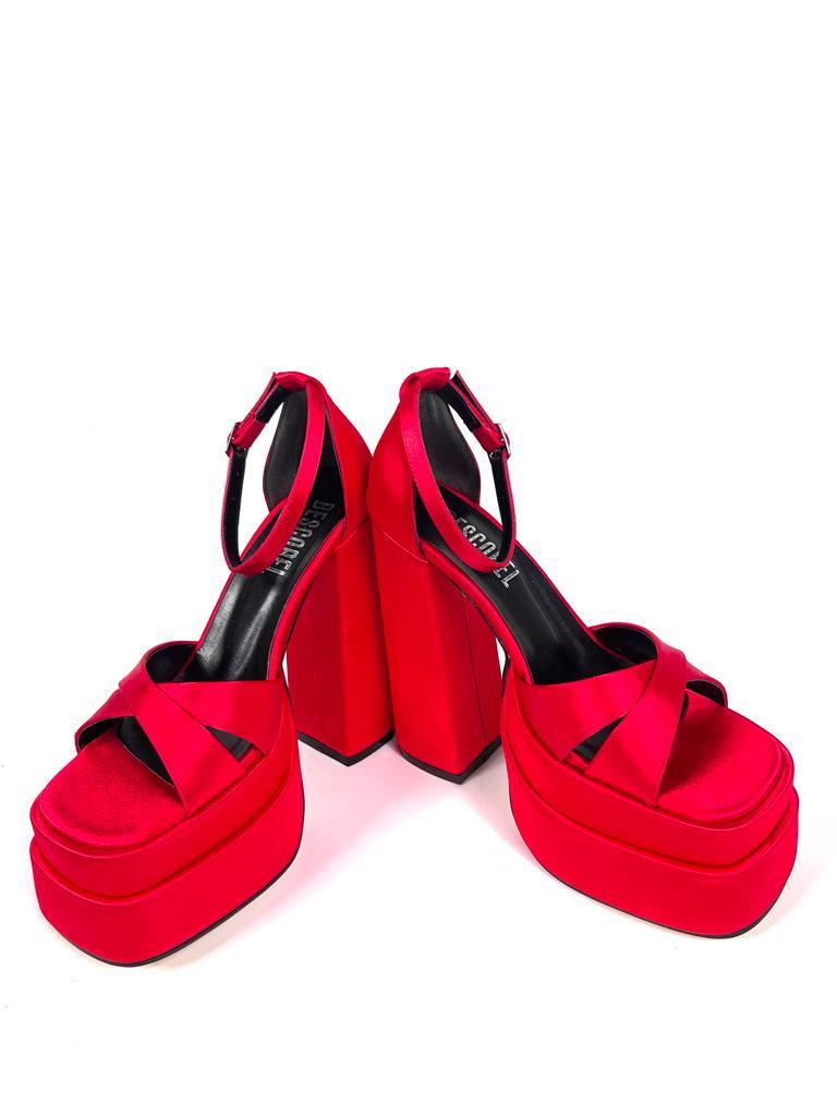 Women's Renc Red Satin High Double Platform Heeled Sandals - STREETMODE ™