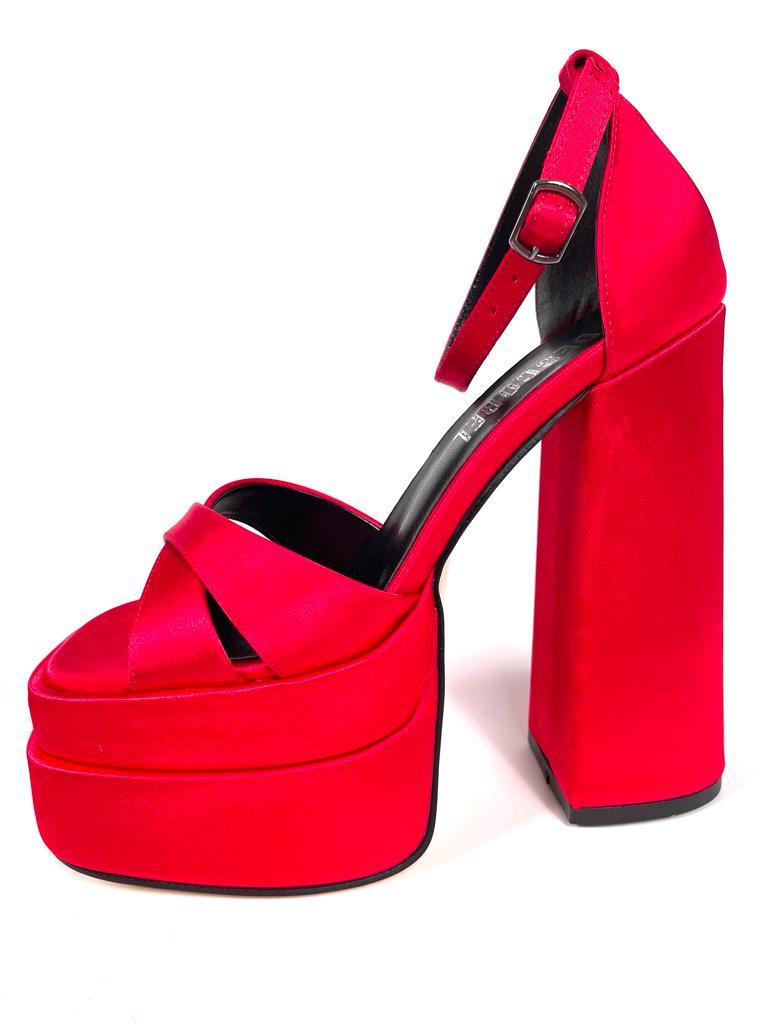 Women's Renc Red Satin High Double Platform Heeled Sandals - STREETMODE ™