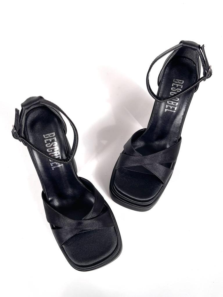 Women's Renc Black Satin High Double Platform Heeled Sandals - STREETMODE ™
