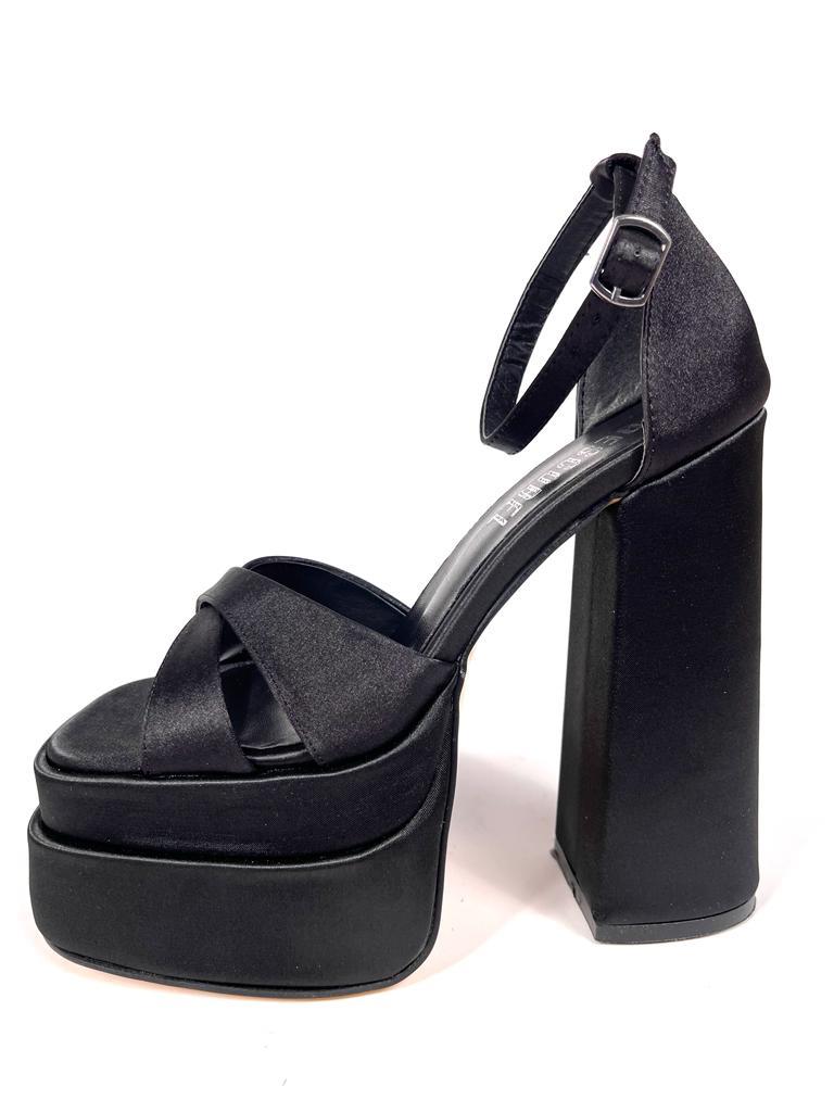 Women's Renc Black Satin High Double Platform Heeled Sandals - STREETMODE ™