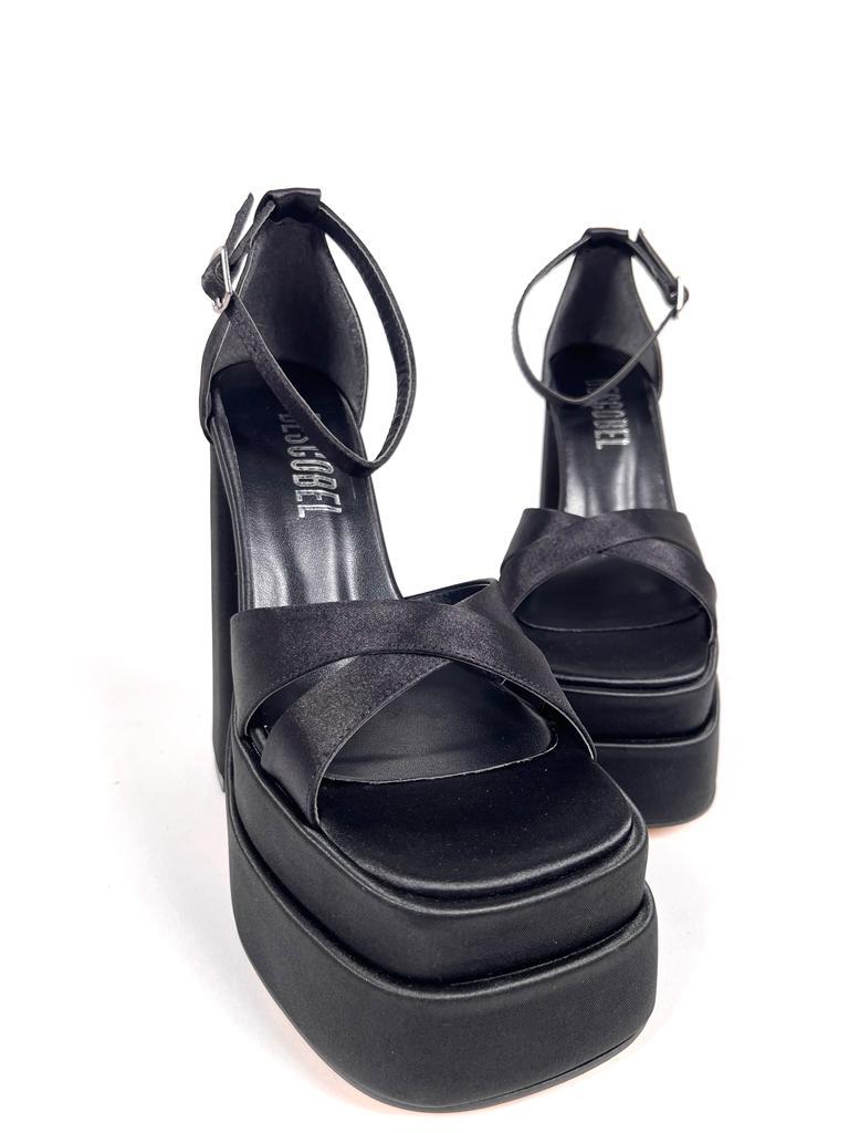 Women's Renc Black Satin High Double Platform Heeled Sandals - STREETMODE ™