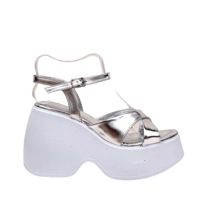 Women's Retya Silver High Wedge Heel Cross Strap Sandals - STREETMODE ™