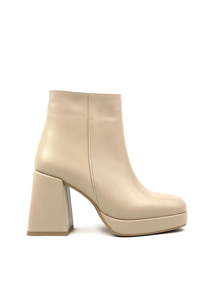 Women's Sand Beige Platform Heeled Short Leather Boots - STREETMODE ™