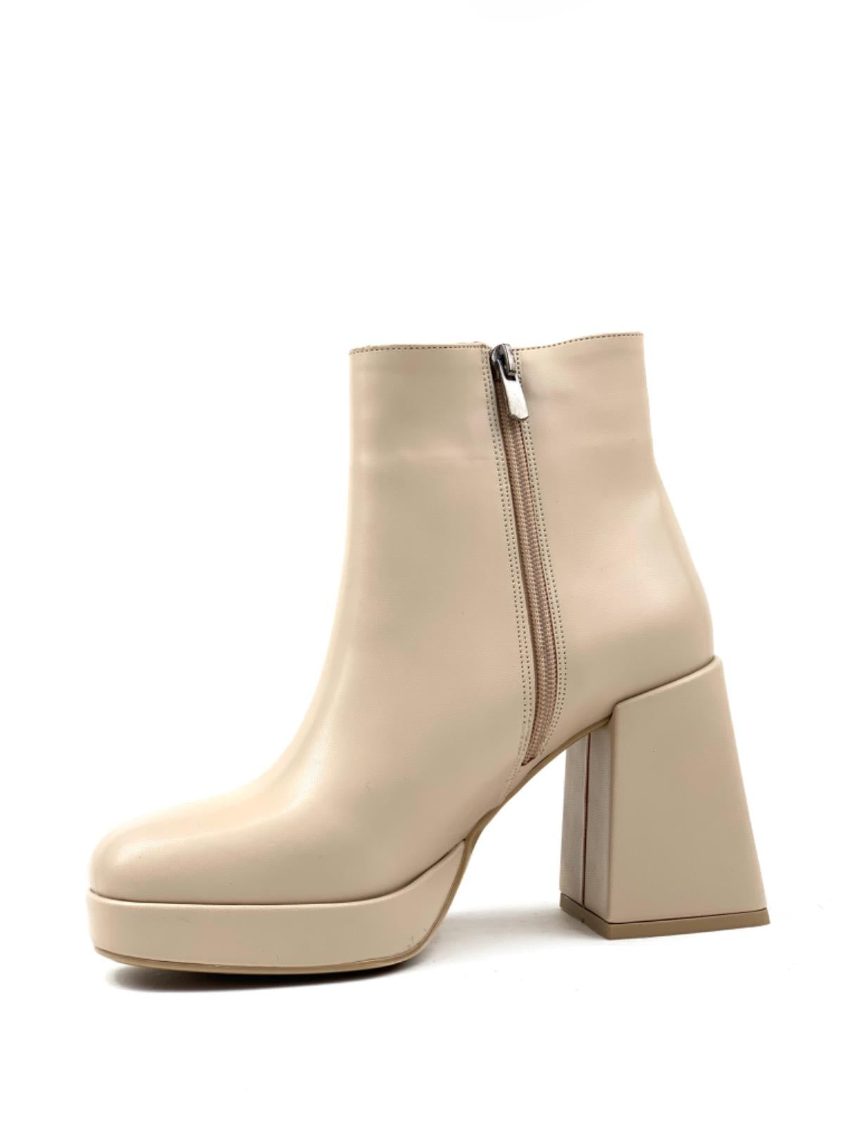 Women's Sand Beige Platform Heeled Short Leather Boots - STREETMODE ™