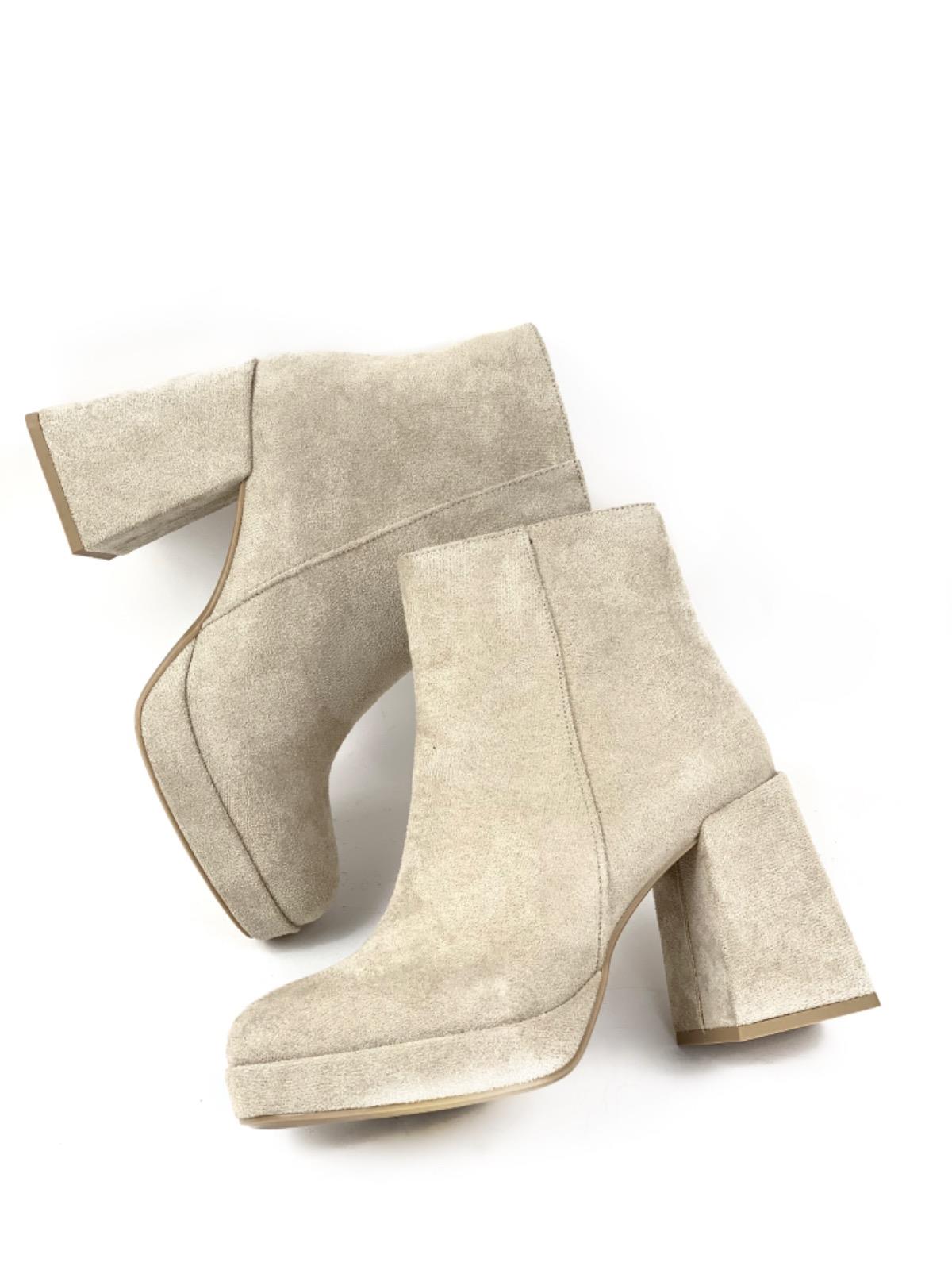 Women's Sand Beige Platform Heeled Short Suede Boots - STREETMODE ™
