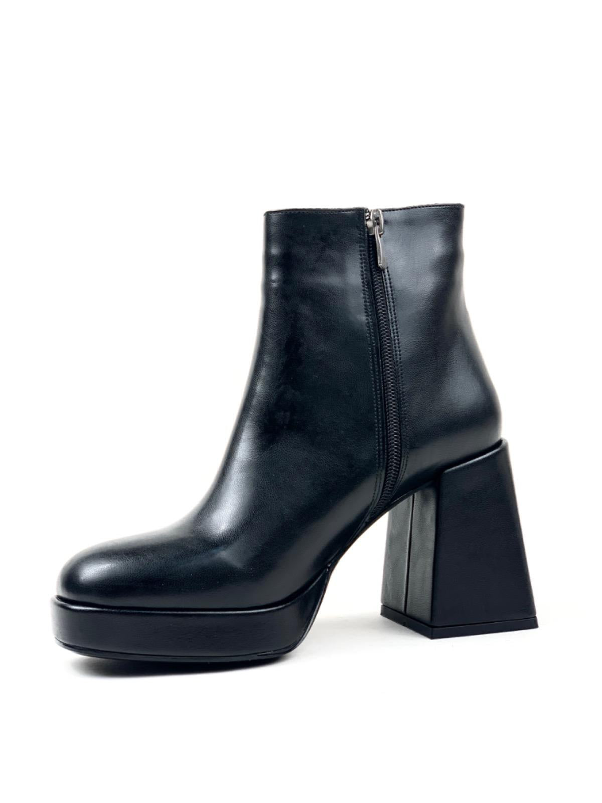 Women's Sand Black Platform Heeled Short Leather Boots - STREETMODE ™