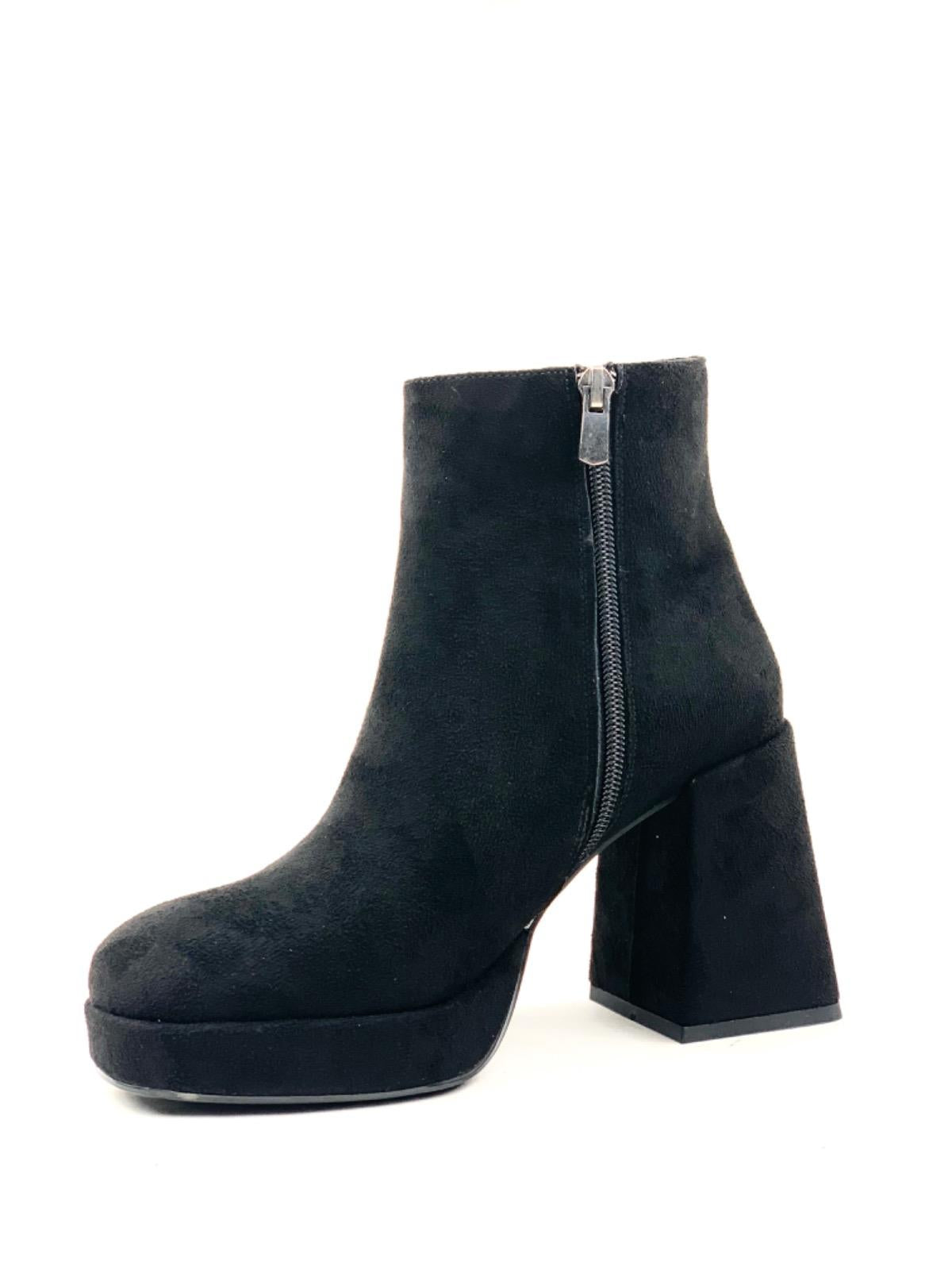 Women's Sand Black Platform Heeled Short Suede Boots - STREETMODE ™