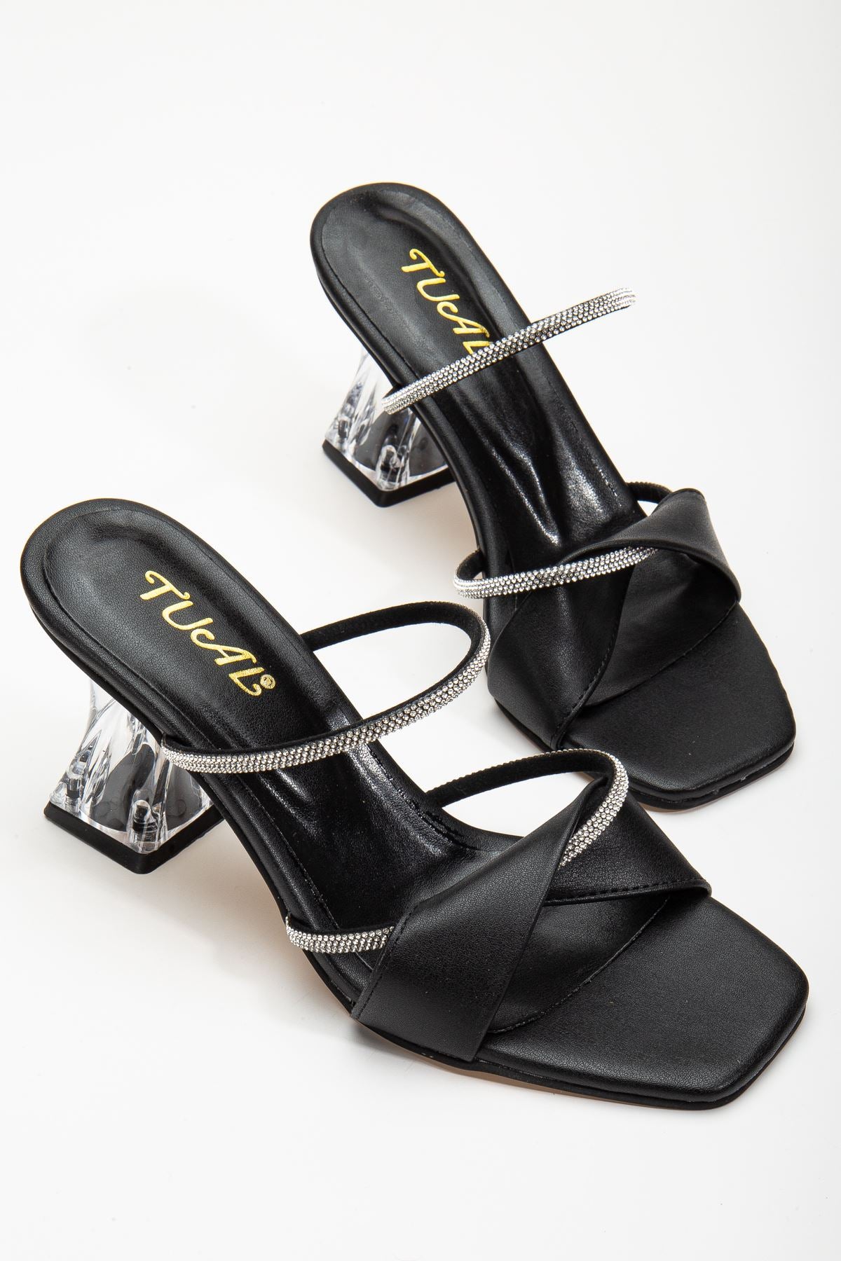 Women's Transparent Heeled Black Stone Shoes - STREETMODE ™