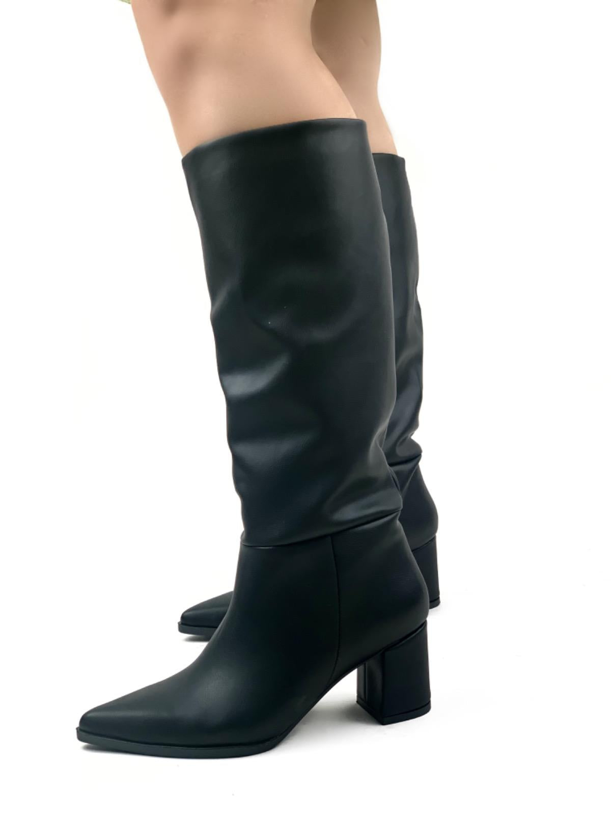 Women's Black Dais Zipperless Heeled Skin Boots - STREETMODE ™