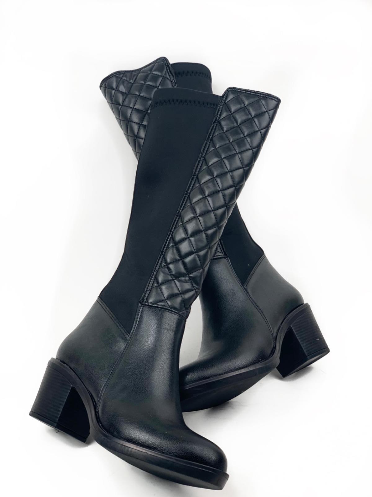 Women's Black Kapitun Patterned Heeled Stretch Boots - STREETMODE ™