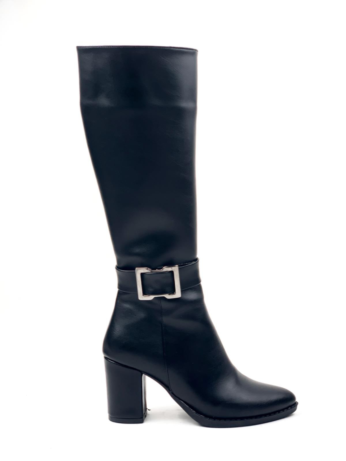 Women's Black Parg Below Knee Buckle Leather Look Boots - STREETMODE ™