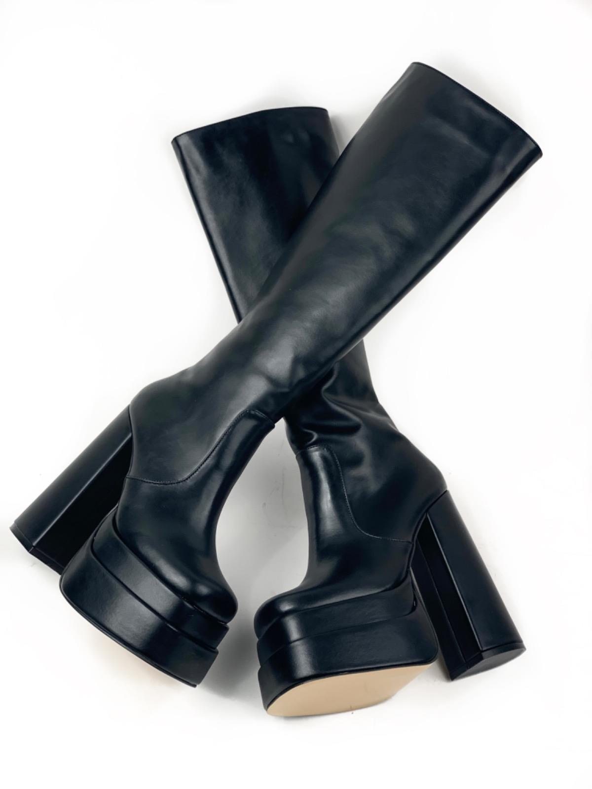 Women's Black Shumm Leather Look Below Knee High Double Platform Boots - STREETMODE ™