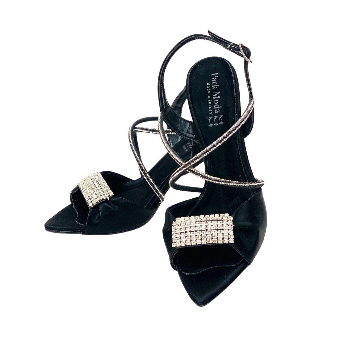 Women's Tetm Black Silk Material Stone Detailed Evening Dress Shoes 8 cm 916